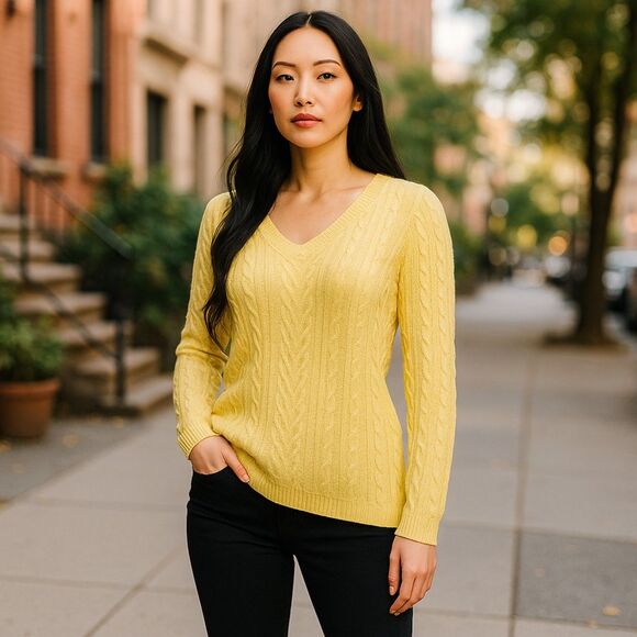 LRL Ralph Lauren citrus yellow linen sweater cable knit v-neck size Medium M - Picture 3 of 11